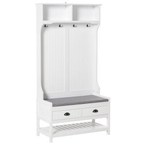 HOMCOM Perchero Zapatero con Banco 4 Ganchos 2 Compartimentos Abiertos 2 Cajones Extraíbles y Estante Inferior Moderno para Recibidor Entrada 87x42x172 cm Blanco