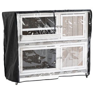 PawHut Wooden Rabbit Hutch Two-Tier Guinea Pig Cage Elevated Multi-Door Pet House Bunny Cage w/ Rain Cover, Wheels, Trough, Ramp, Slide-Out Tray - Grey