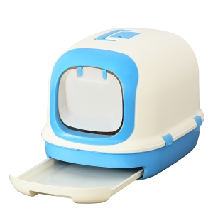 PawHut Arenero para Gatos Caja de Arena con Asa de Transporte Doble Fondo Bandeja Extraíble Pala y Filtro de Carbón Activo 63x43x43 cm Beige y Azul