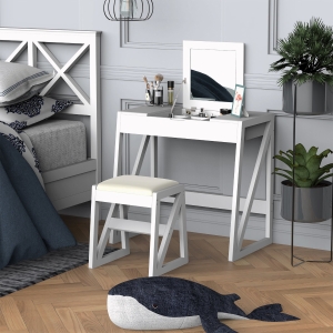 HOMCOM Dressing Table Set with Flip Top Mirror and Cushioned Stool, Makeup Vanity Table Writing Desk with Storage Grids for Bedroom, White