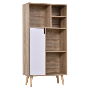HOMCOM Mueble Aparador Alto Armario Auxiliar de Salón con 5 Compartimentos y 1 Puerta Multiusos para Comedor Cocina Dormitorio 60x30x121 cm Roble y Blanco