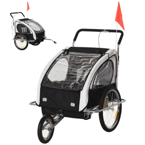 HOMCOM 2 en 1 Remolque de Bicicleta para Niños de 2 Plazas con Amortiguadores Convertible en Carro para Correr con Barra y Kit de Footing 129x85x105cm blanco y negro