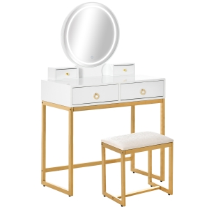 HOMCOM Vanity Table Set Dressing Table with LED Light, 4 Drawers Cushioned Stool