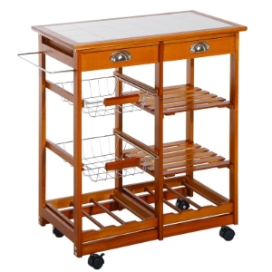 HOMCOM Carrinho de Cozinha Multifuncional Carrinho Auxiliar de Madeira com Grande Espaço de Armazenamento Gavetas Cestas Prateleiras 4 Rodas 74x37x76 cm Madeira