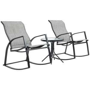 Outsunny Outdoor Patio Bistro Set with 2 Rocking Chairs & Tempered Glass Table, Ideal for Garden, Porch, Poolside, Grey