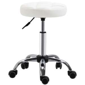 HOMCOM Banco Giratório com Rodas Altura Ajustável entre 48-63cm Banco de Trabalho Estofado em Couro PU para Salão Dentista Diâmetro Ø35,5cm Branco