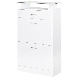 HOMCOM Organizador de Zapatos Multifuncional Zapatero con 3 Cajones Estante de Vidrio Asa de Aluminio para Pasillo Tablero de Partículas Carga 50 kg 60x24x105,5 cm Blanco