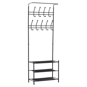 HOMCOM Perchero Metálico Colgador Zapatero para Ropa y Zapatos Perchero Pie 18 Ganchos 3 Estantes 67x30x185cm Negro