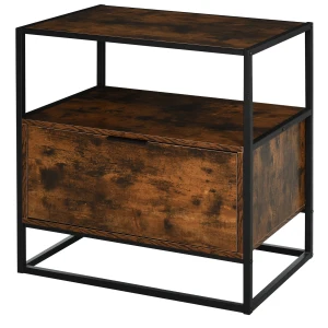 HOMCOM Retro Industrial Side Table with Drawer and Open Shelf, Steel Frame, Large Base, Two-Tone, Stylish Home Furniture for Bedroom and Living Room