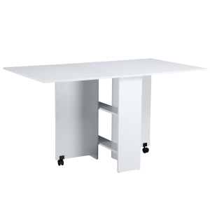 HOMCOM Kitchen Folding Desk Mobile Drop Leaf Dining Table W/ Wheels & Storage Shelves-White Wood Grain