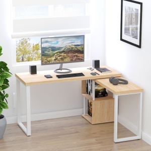 HOMCOM 360° Rotating Corner Desk L-Shaped PC Workstation Student Writing Table with Storage Shelf Home Office Oak Tone