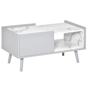 HOMCOM Modern Coffee Table with Marble Texture, Drawer, Open Compartment Wood Legs for Living Room, Grey and White