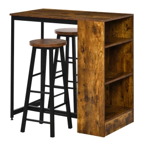 HOMCOM 3 Piece Industrial Style Bar Table Set, Pub Dining Table Set Height Table and 2 Stools with Storage Shelf, Rustic Brown