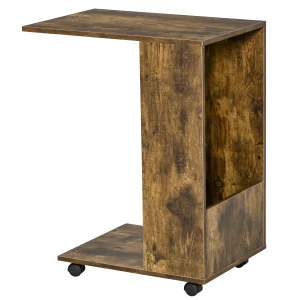HOMCOM Mobile Sofa Side Table C-Shape End Table with Storage and Casters for Laptop Coffee Snack, Rustic Brown