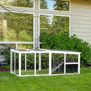 PawHut Indoor Outdoor Wooden Guinea Pigs Hutches Small Rabbits Hutches Pet Run Cover, with Hinge roof and Water-repellent Paint, Grey