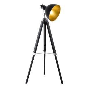 HOMCOM Studio Floor Lamp,Tripod Spotlight Lamp with Wood Legs, Ã˜ 30 cm Lampshade and Max. 40W, 152cm Floor Lamp, Metal, Black and Gold