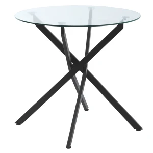 HOMCOM Side Table with Clear Tempered Glass Top, Round Table with Metal Legs, Modern Dining Table Furniture for Dining Room Living Room, Black
