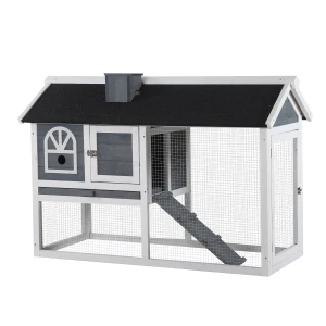 PawHut Guinea Pigs Hutches Wood Bunny Cage for Outdoor Indoor with Pull Out Tray Run Box Ramp Asphalt Roof for Small Animals Grey