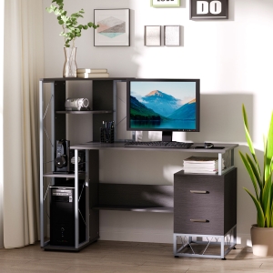 HOMCOM 133L x 55W x 123H cm Multi-Level Steel Wood Computer Workstation Desk With Shelves And Drawers, Black