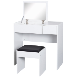 HOMCOM Tocador con Taburete Espejo Tapa Abatible Mesa para Maquillaje 3 Cajas y 1 Cajón Blanco