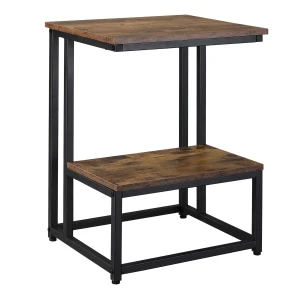 HOMCOM Modern Side Table, Double Layer End Table, Steel Frame Coffee Table with Adjustable Feet, Rustic Brown