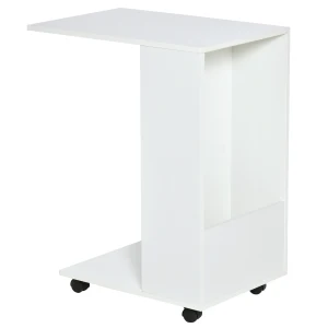 HOMCOM Mobile Sofa Side Table C-Shape End Table with Storage and Casters for Laptop Coffee Snack, White