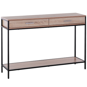 HOMCOM Industrial Console Table Narrow Worktop w/ Bottom Shelf & Two Drawers Oak Wood