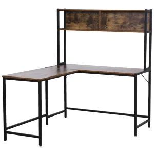 HOMCOM Industrial L-Shaped Work Desk & Storage Shelf Steel Frame Adjustable Feet Corner Workstation Home Office Study Stylish Brown Black