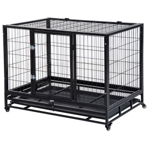 PawHut Jaula de Metal para Perros con Ruedas y Frenos Bandeja Extraíble y Puerta con Pestillo para Golden Retriver Labrador 92x62x75 cm Negro