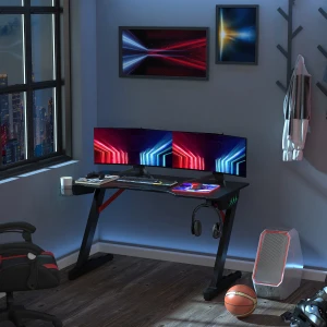 HOMCOM Racing Style Gaming Desk with LED Lights, Z-Shaped Computer Table Workstation with Cup Holder, Headphone Hook for Study, Home Office, Black
