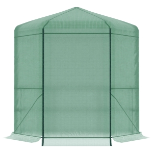 Outsunny Estufa de Jardim Hexágono 194x194x215cm Estufa com 6 Prateleiras Porta Enrolável e Estrutura de Aço Galvanizado para Cultivos de Plantas Vasos de Flores Verde