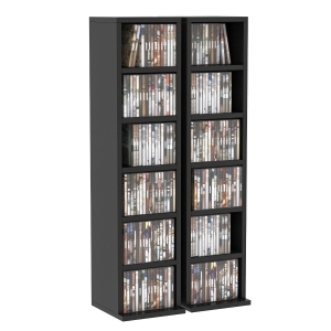 HOMCOM Set of 2 CD Media Display Shelf Unit Tower Rack w/ Adjustable Shelves Anti-Tipping Bookcase Storage Organiser Home Office Black