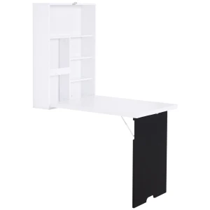 HOMCOM Folding Wall-Mounted Drop-Leaf Table With Chalkboard Shelf multifunction White