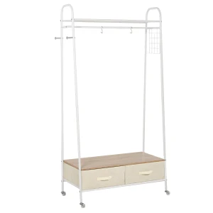 HOMCOM Coat Rack Stand with Rail, Clothes Storage Hanger, Shelf Organiser, 2 Drawers for Entryway, Durable Metal Frame