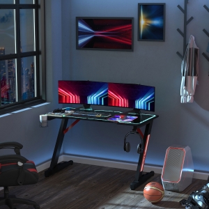 HOMCOM LED Gaming Desk, 120cm Racing Style Computer Table with Lights Cup Holder Headphone Hook Cable Management E-Sport Study Workstation – Black