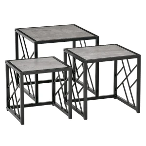HOMCOM Set of 3 Nest of Tables, Square Side Tables with Black Metal Frame, for Living Room, Bedroom and Office, Grey