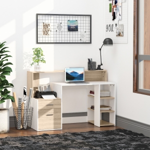 HOMCOM White and Wood Desk Wooden Computer Desk 140Lx55Dx92H cm Modern Home Office Writing Workstation Furniture Printer Shelf Rack Storage Drawer & Shelves-Oak/White