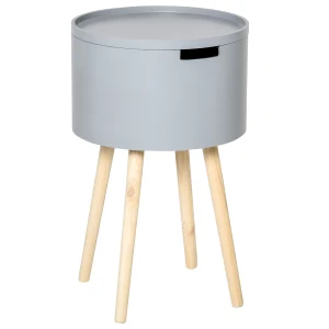HOMCOM Round Side Table with Hidden Storage, Modern Night Stand with Removable Tray, Wood Frame, Grey