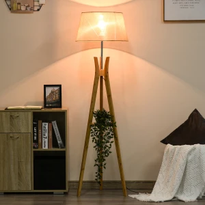 HOMCOM Tripod Floor Lamp Light E27 Base Bedroom Living Room Natural Wood Fabric Shade Storage Shelf Foot Switch, 156cm, Beige
