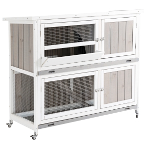 PawHut Clapier cage à lapins 2 étages toit bitumé 2 plateaux excrément coulissants 4 portes verrouillables rampe roulettes dim. 122L x 50l x 100H cm sapin gris blanc
