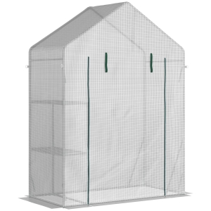 Outsunny Estufa de Jardim 143x73x195cm Estufa de Aço com 2 Prateleiras e Porta Enrolável para Cultivos de Plantas Vasos de Flores Pátio Exterior Branco