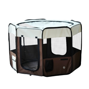 PawHut Parque para Animais de estimação com 2 portas Φ 117 x 71 cm marrom e creme
