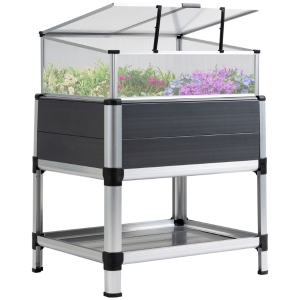 Outsunny Horta Elevada de Alumínio 78,5x61x99,5 Estufa com Cobertura de Policarbonato Teto Retrátil e Prateleira Inferior para Cultivos de Plantas e Flores Cinza