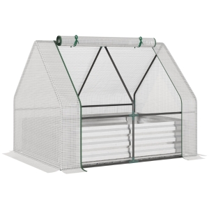 Outsunny Estufa de Jardim Pequeno Tipo Casa com Caixa de Plantio de Aço Interior Janela Enrolável e Cobertura de PE 40g/m² para Cultivos de Plantas Flores 127x95x92cm Branco