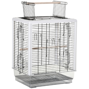 PawHut Gaiola para Passáros Gaiola com Teto com Abertura 2 Comedouros 2 Poleiros Bandeja Removível Acrílica e Alça de Transporte para Periquitos Canario 47x35x57,5cm Branco e Preto