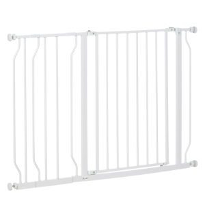 PawHut Barreira de Segurança para Cães Extensível para Escadas e Portas 75-115cm com 2 Extensões e 10-20cm Montagem a Pressão Aço Altura 76cm Branco