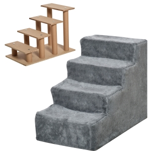 PawHut Escalera para Mascotas de 4 Peldaños 2 en 1 con Funda Extraíble y Lavable Escalera Rascadora de Perros Gatos para Cama Sofá Carga 30 kg 60x35x44 cm Gris