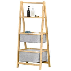 HOMCOM Bamboo Ladder Storage Shelf 3-Tier Foldable Lightweight Organizer Shelves
