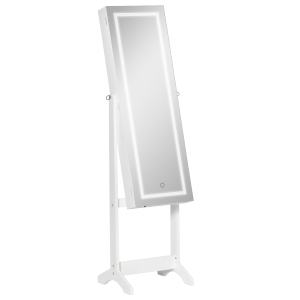 HOMCOM Espejo Joyero de Pie Armario de Joyería con Tira de Luces LED y Cerradura Magnética Organizador de Joyas con Estantes Ranuras para Anillos 46x36,5x151,5 cm Blanco