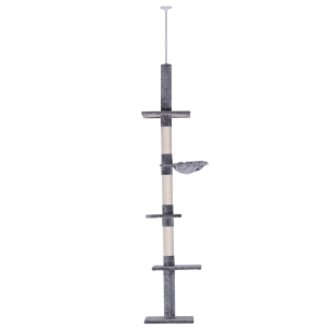 PawHut Árbol Rascador para Gatos 40x34x230-260 cm Árbol Escalador de Gato para Fijar al Techo Altura Ajustable con Plataformas Hamaca y Postes de Sisal Gris